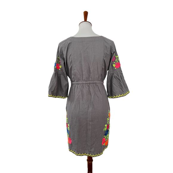Ivy Jane Womens Boho Floral Embroidered Dress Drawstring Waist Gray S Small - Picture 3 of 8